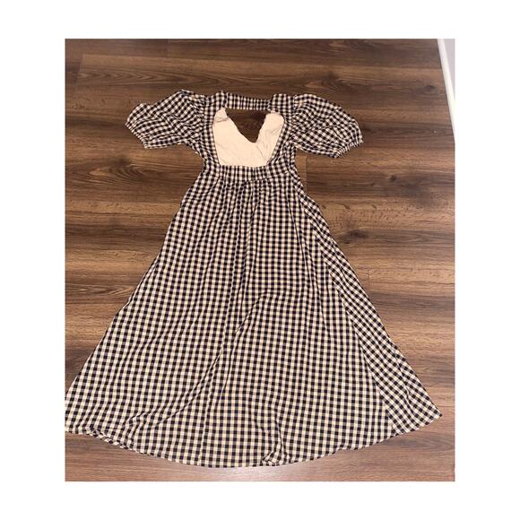 EUC DISSH Elm Chocolate Gingham Midi Dress Puff Sleeve Open Back Cotton Size 4 - Picture 15 of 16